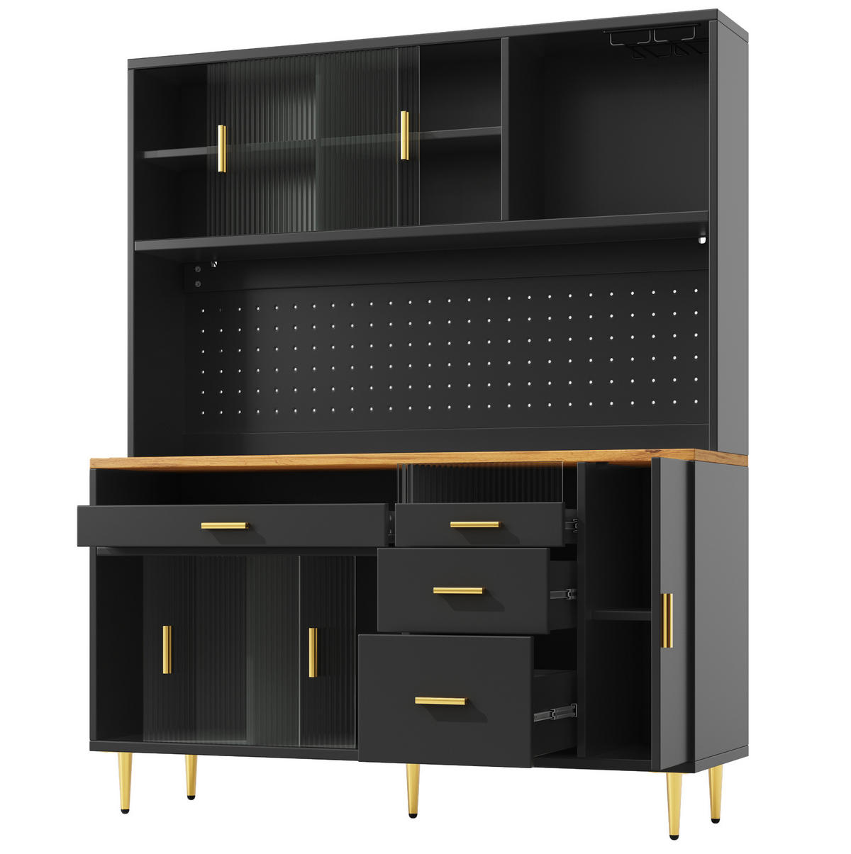 BUFFET 145/39/171 cm in Schwarz mit LED-Beleuchtung und Glasschiebetüren - Schwarz, Glas (145/171/24cm) - Flora Grace