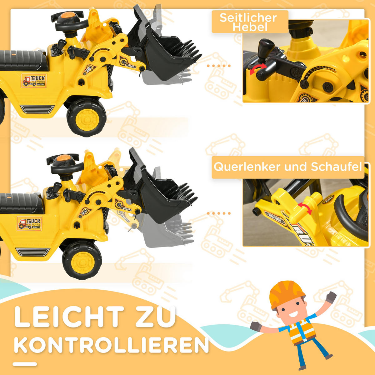 SITZBAGGER mit eingebautem Ablagefach Kinder Rutschauto traktor mit Hupe - Gelb, Kunststoff (26.5/39/80cm) - HOMCOM