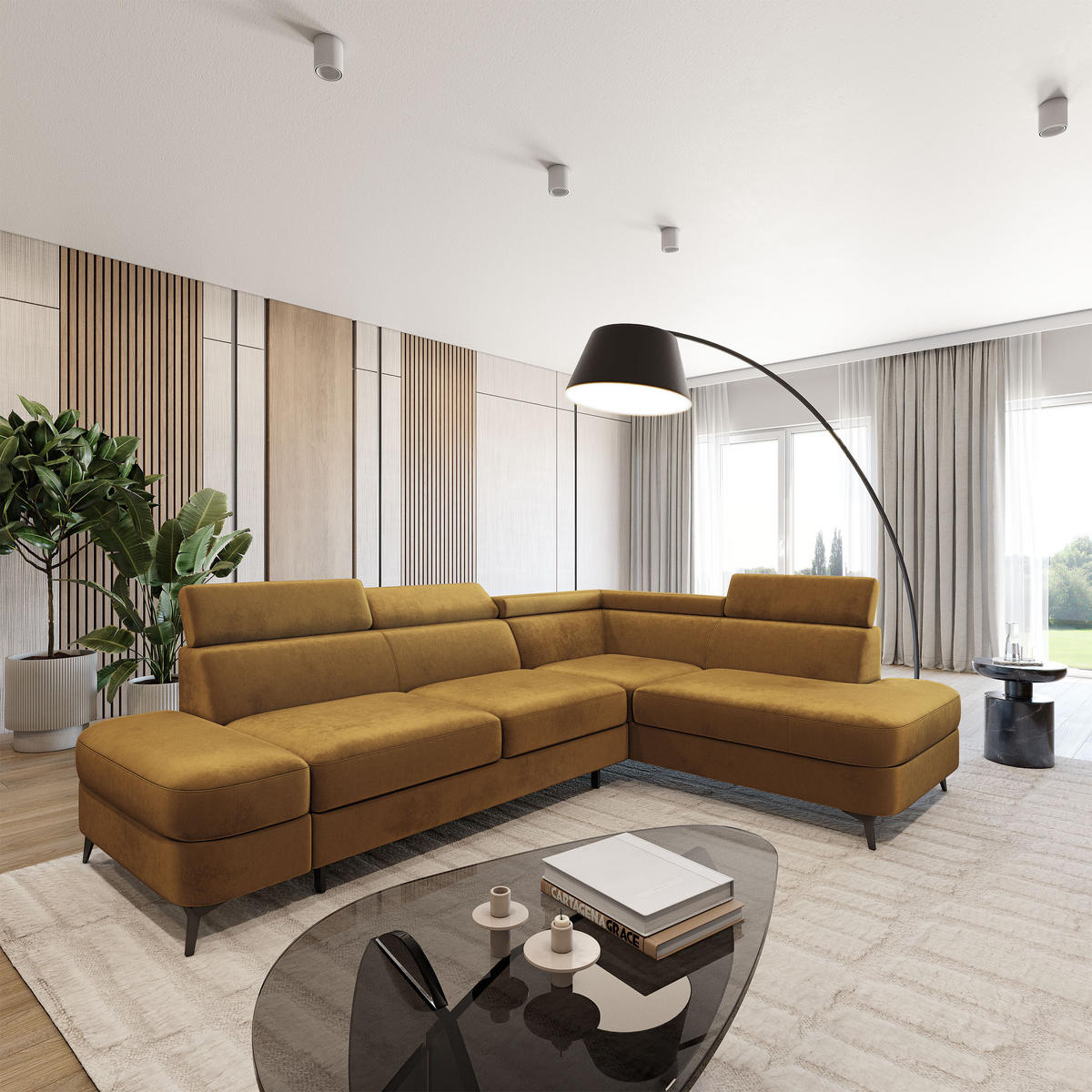 ECKSOFA AVISE M R-S Gelb Velours-Stoff mit Schlaffunktion - Gelb, Holzwerkstoff/Textil (268/195cm) - MASSENO