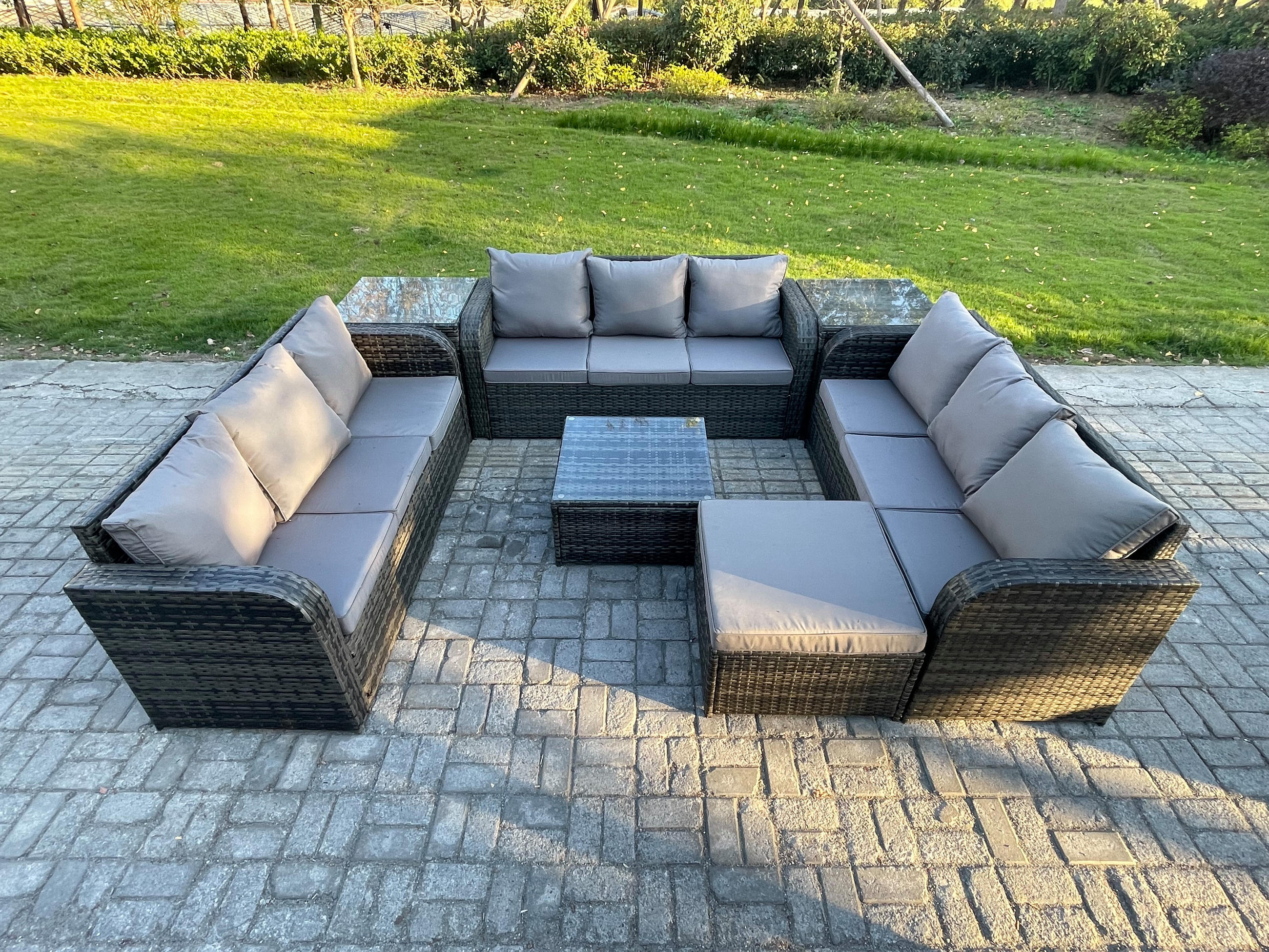 GARTENMÖBELGARNITUR mit KISSEN Polyrattan Dunkelgrau 10-Sitzer - Dunkelgrau/Grau, Glas/Kunststoff - Fimous