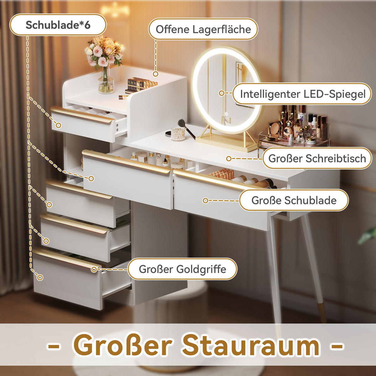 SCHMINKTISCH in Weiß Frisiertisch mit LED-Spiegel, ausziehbarer Tischplatte & 6 Schubladen, B100/T41.5/H102cm - Weiß, Holzwerkstoff/Metall (102/100/41.5cm) - STILVORA