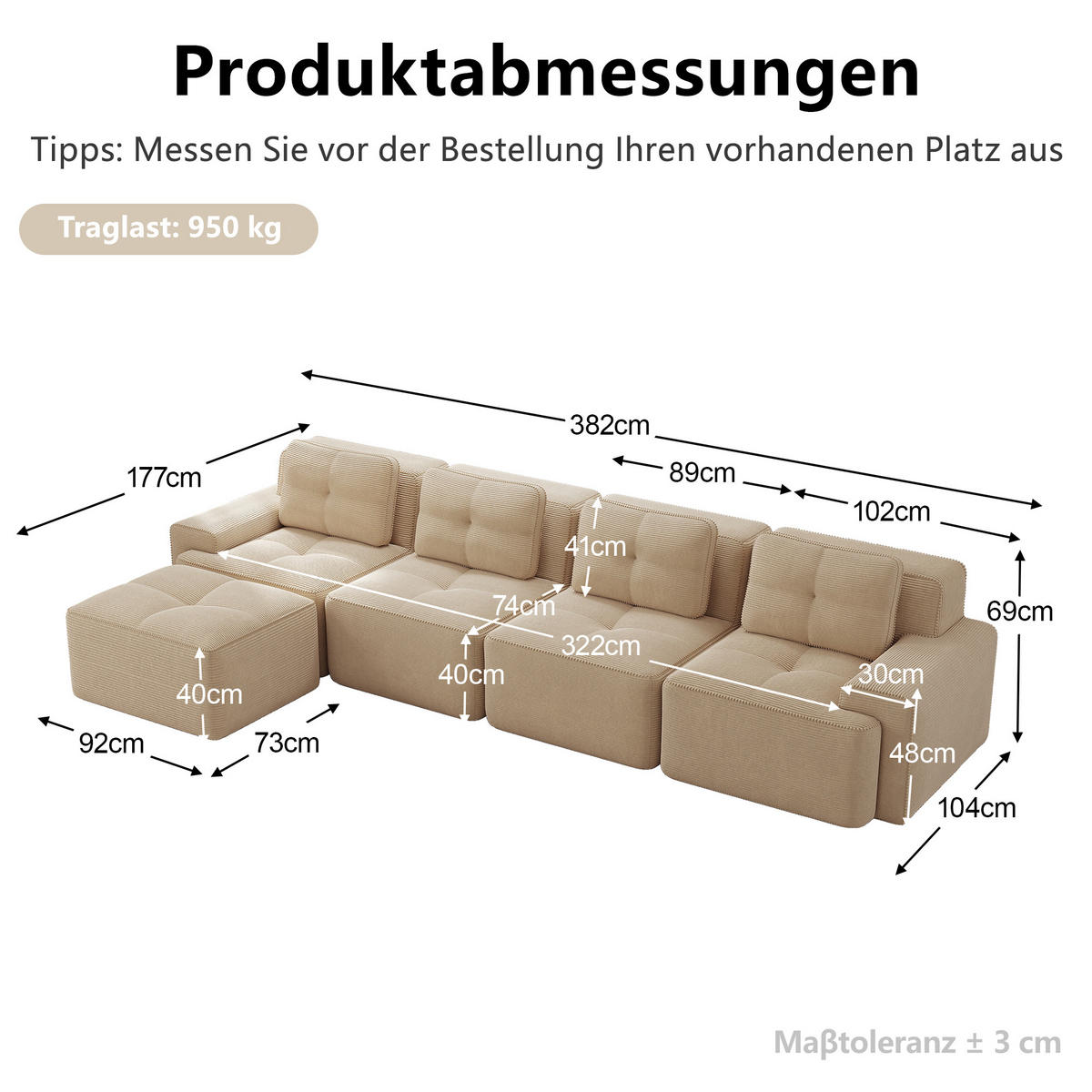 ECKSOFA 382/177/69 cm Beige Cord mit Ottoman - Beige, Textil (382/177cm) - Oxeza