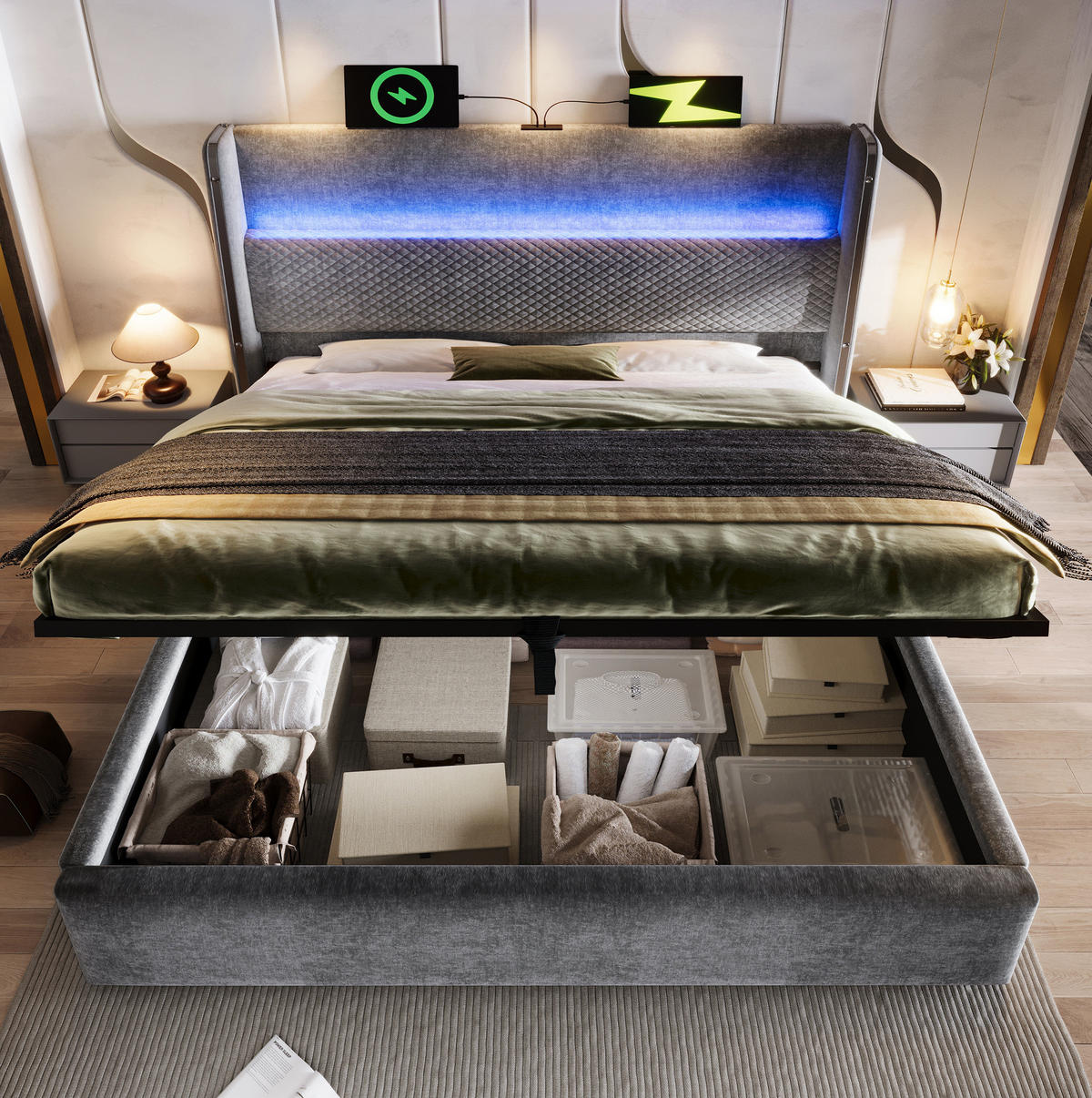 POLSTERBETT 140/200 cm Grau mit LED-Beleuchtung und Stauraum - Grau, Textil (140/200cm) - OKWISH