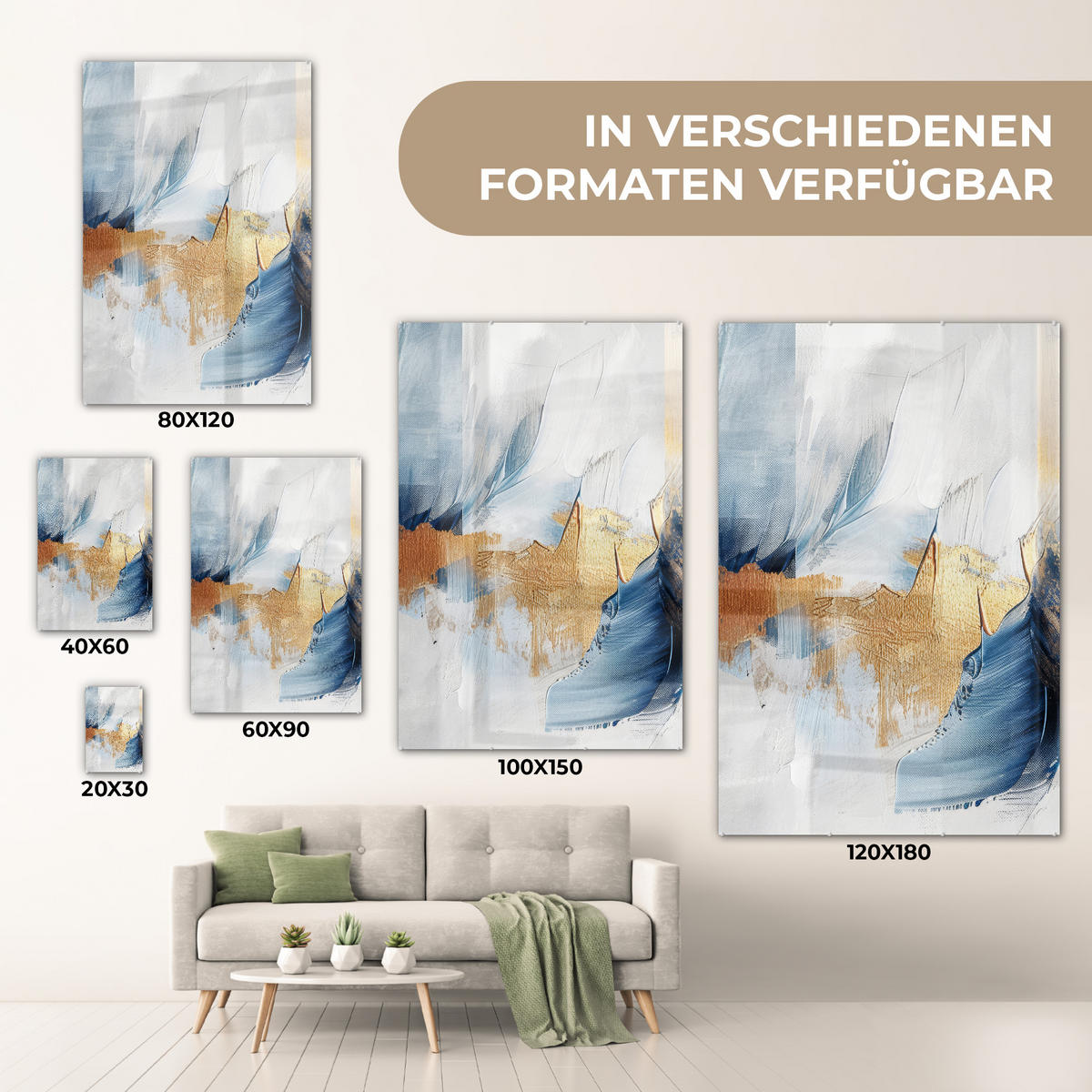 ACRYLGLASBILD Gold - Blau - Aquarell - Kunst - Modern 40x60 cm - Hellblau, Glas (40/60cm) - MuchoWow