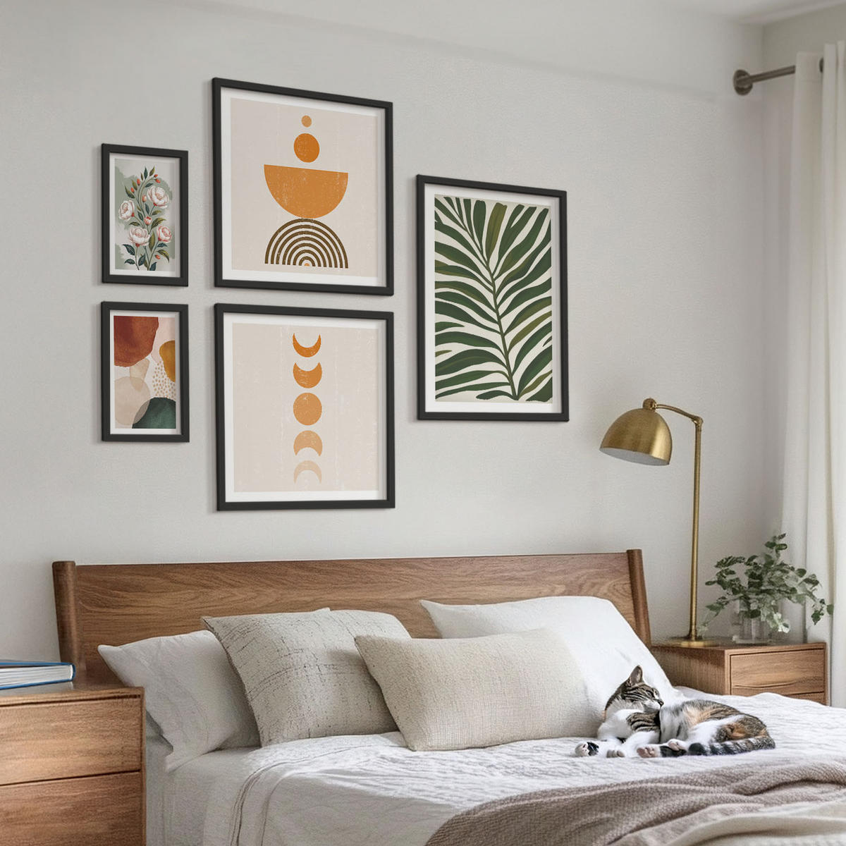 WANDBILDER 5er-Set - 50x50 cm & 20x30 cm & 40x60 cm Schwarzer Rahmen - Abstrakte Blattformen - Schwarz, Kunststoff (40/60cm) - ArtPrintCave