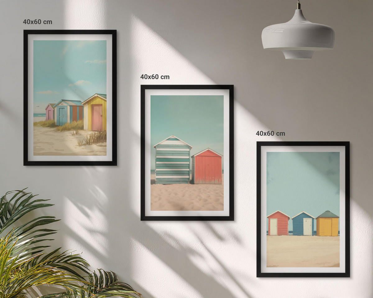 WANDBILDER 3er-Set - 40x60 cm Schwarzer Rahmen - Bunte Häuser, Strand, Sonne - Schwarz, Kunststoff (40/60cm) - ArtPrintCave