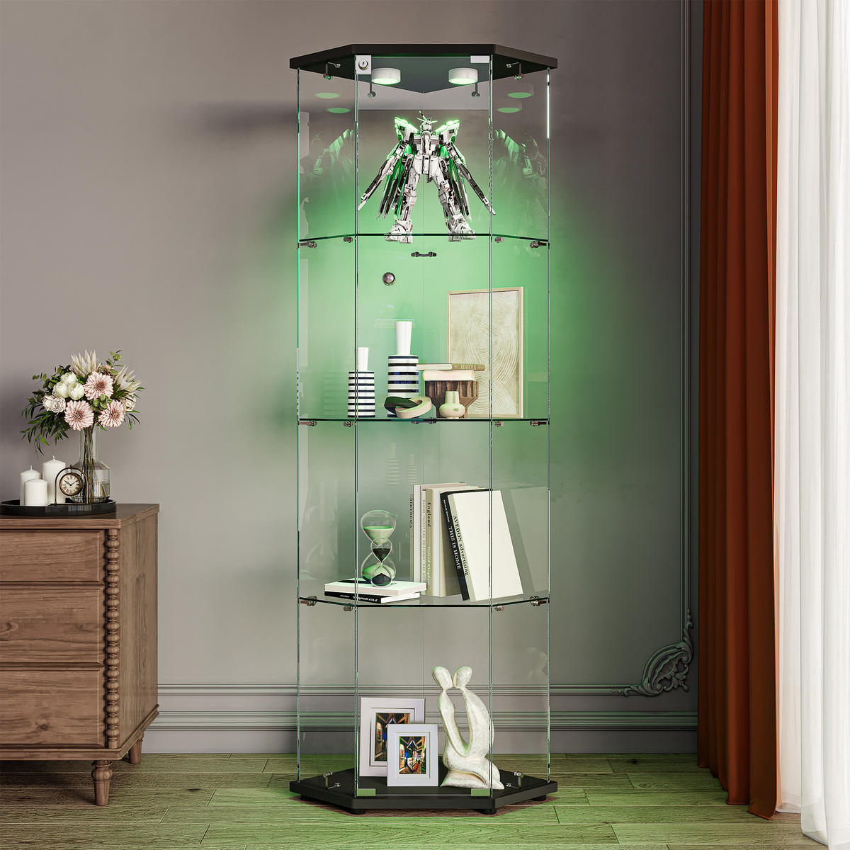 ECKSCHRANK 5-Eck, 1 Tür, 4 Ebenen, LED, schwarzer Sockel - Schwarz, Glas (42.5/162/60cm) - SHOPENTRA