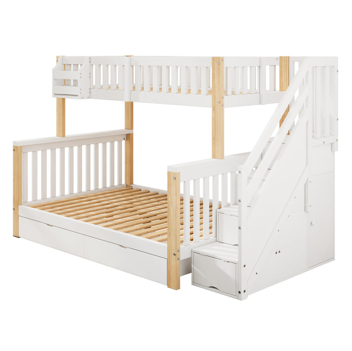 ETAGENBETT 140/200 cm Weiß-Natur mit Treppenschrank Stauraum und Schublade aus Massivholz - Weiß, Holzwerkstoff (90/200cm) - OKWISH
