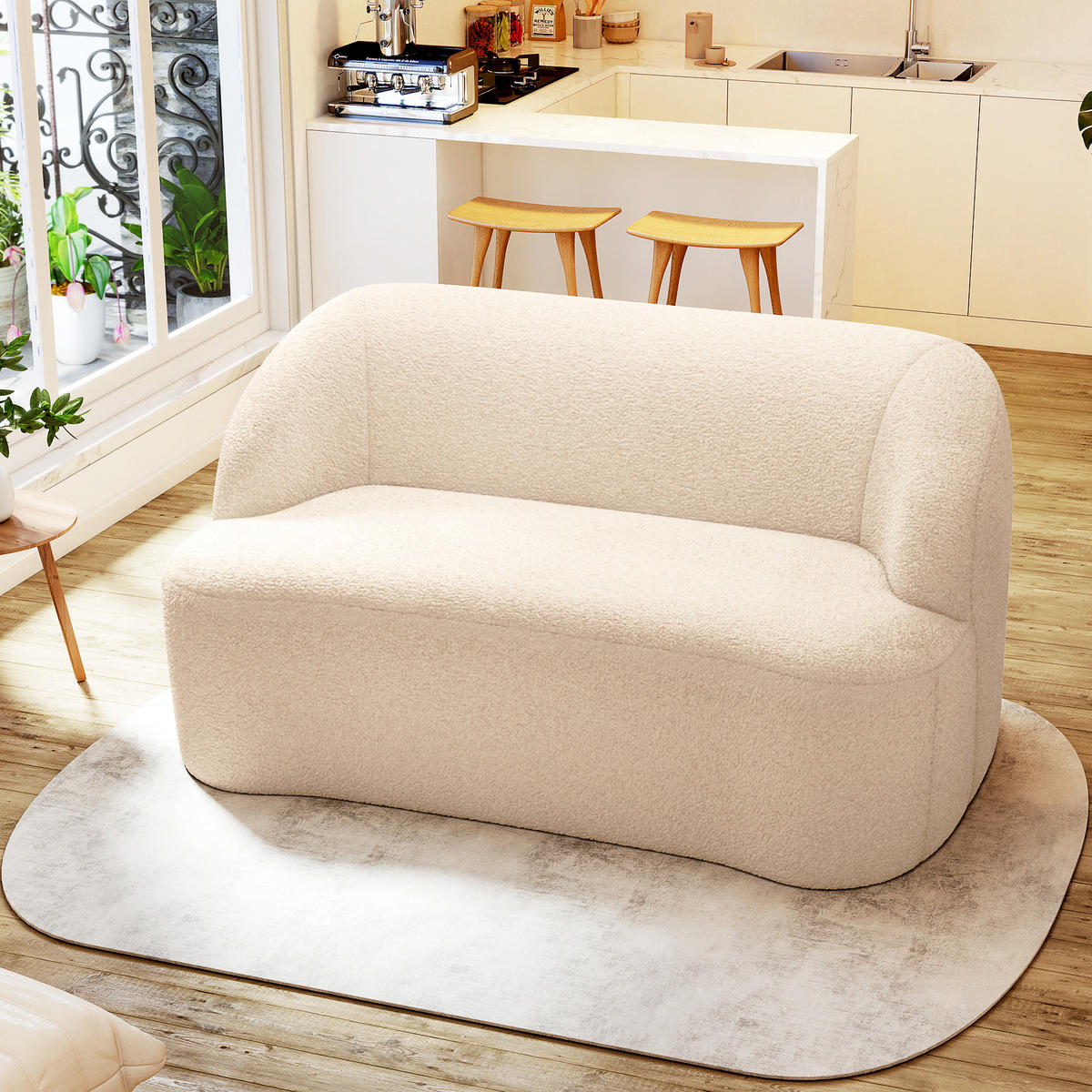 SOFA, 2-Sitzer, Bouclé-Stoff, 142cm, geschwungene Rückenlehne, beige - Multicolor, Holzwerkstoff (142/73.5/85cm) - FORIOUS