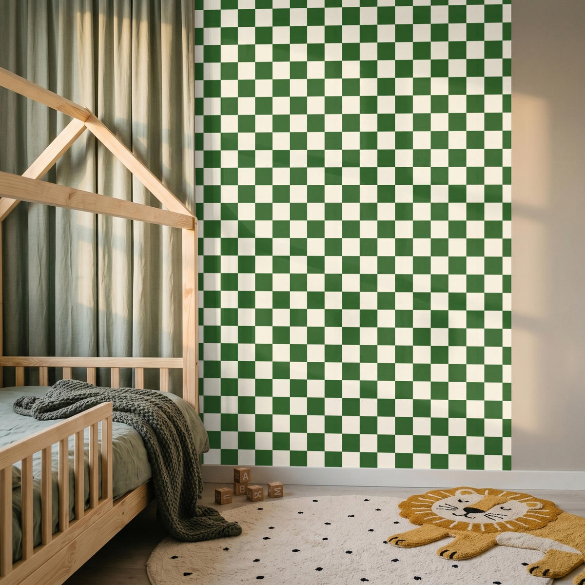 KINDERTAPETE - Schachbrett - Muster - Grün - 160x220 cm - Grün, Papier (160/220cm) - OnlyWow