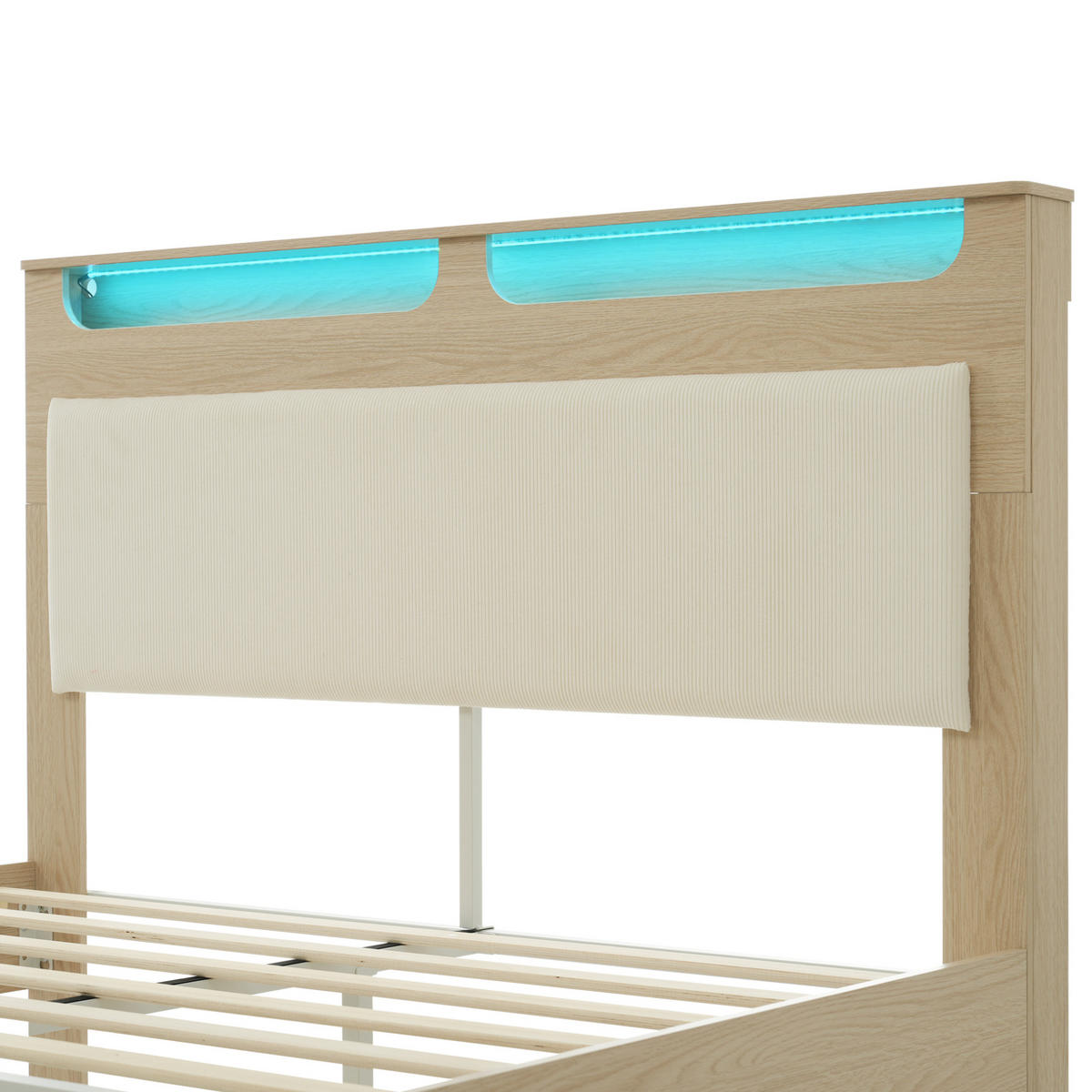 POLSTERBETT 180/200 cm Beige aus Cordstoff und Holz mit LED und Stauraum - Beige, Textil (180/200cm) - OKMYHOME