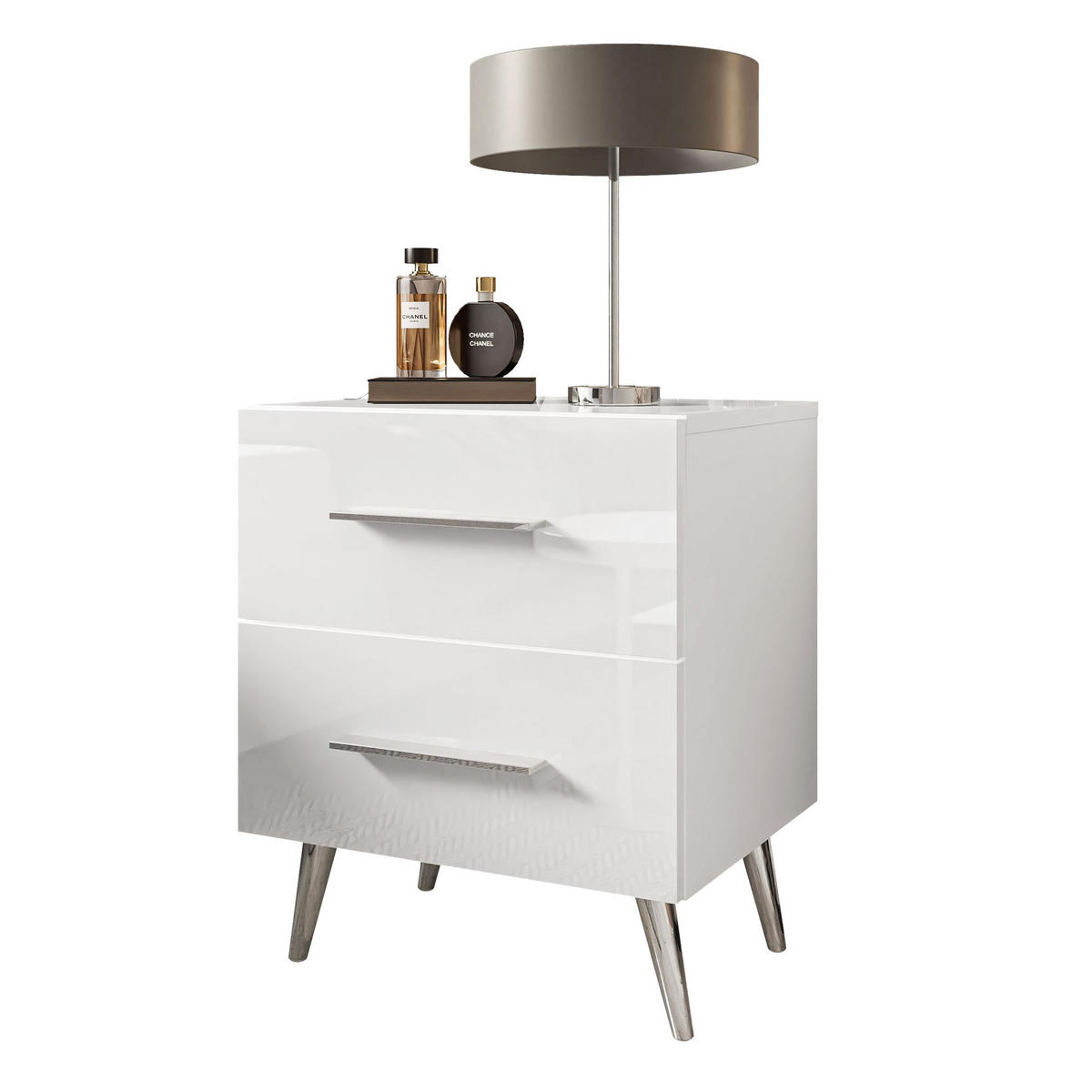 NACHTTISCH AURA LUX mit Hochglanzplatte auf Beinen – Beinfarbe: Chrom - Weiß, Holzwerkstoff (45/55/39cm) - Lookway