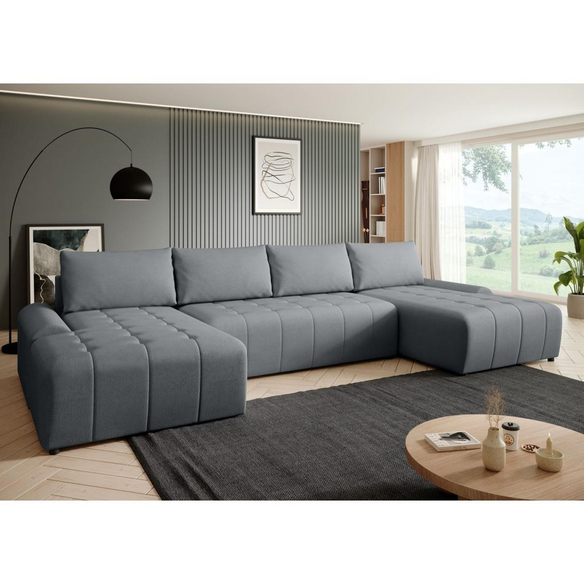 WOHNLANDSCHAFT Costa U Dunkelgrau, Velours - Dunkelgrau/Schwarz, Kunststoff/Textil (367/80/169cm) - Beautysofa