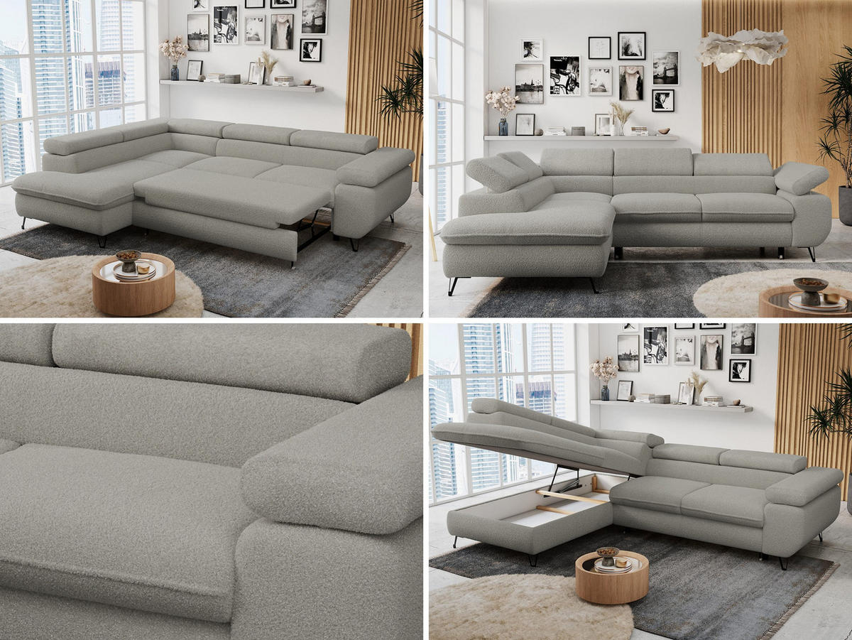 ECKSOFA PETER L Hellgrau Boucle - Links Seite - Hellgrau/Schwarz, Textil/Metall (208/273cm) - MKS