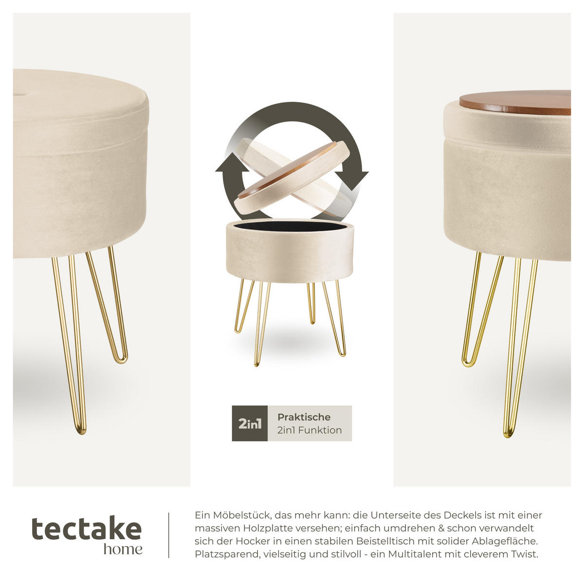 SITZHOCKER mit Stauraum Ava,37,5 x 44,5 cm,creme - Creme, Holz (37.5/44.5/37.5cm) - tectake