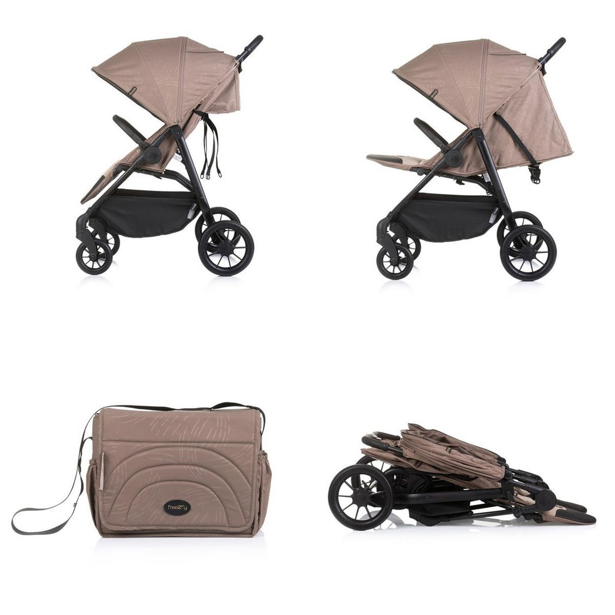GESCHWISTERKINDERWAGEN Top Stars beige/braun 77 cm breit, Wickeltasche, Fußsack - Beige, Metall (79/77/110cm) - Chipolino