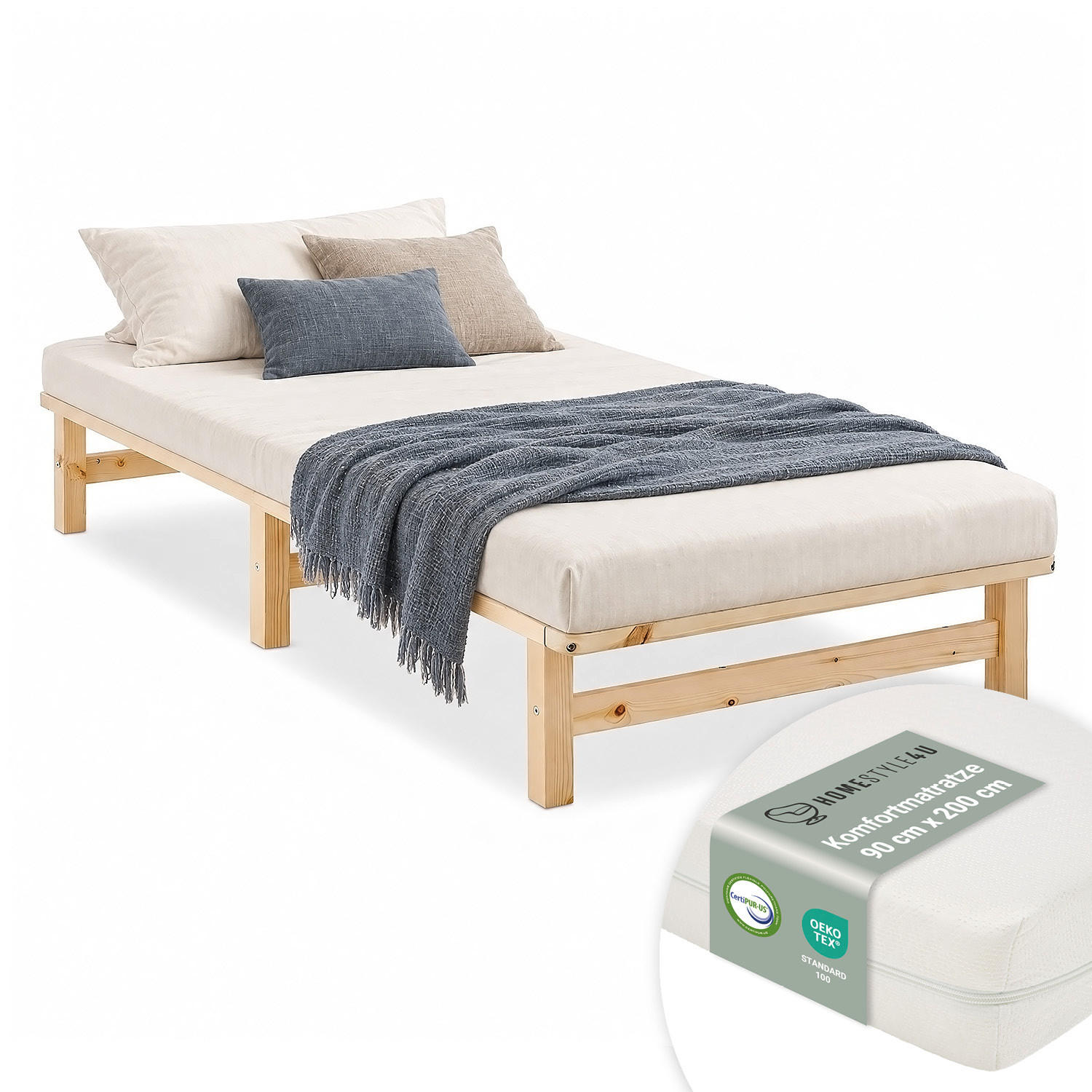 HOLZBETT mit Matratze 90/200 cm natur - Braun, Holz (90/200cm) - Homestyle4u