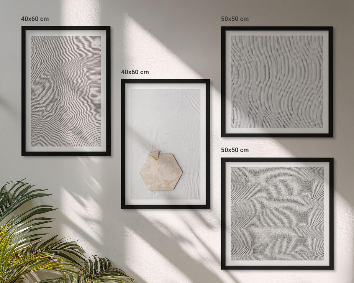 WANDBILDER 4er-Set - 50x50 cm & 40x60 cm Schwarzer Rahmen - Leichte Boho-Sandtexturen - Schwarz, Kunststoff (50/50cm) - ArtPrintCave
