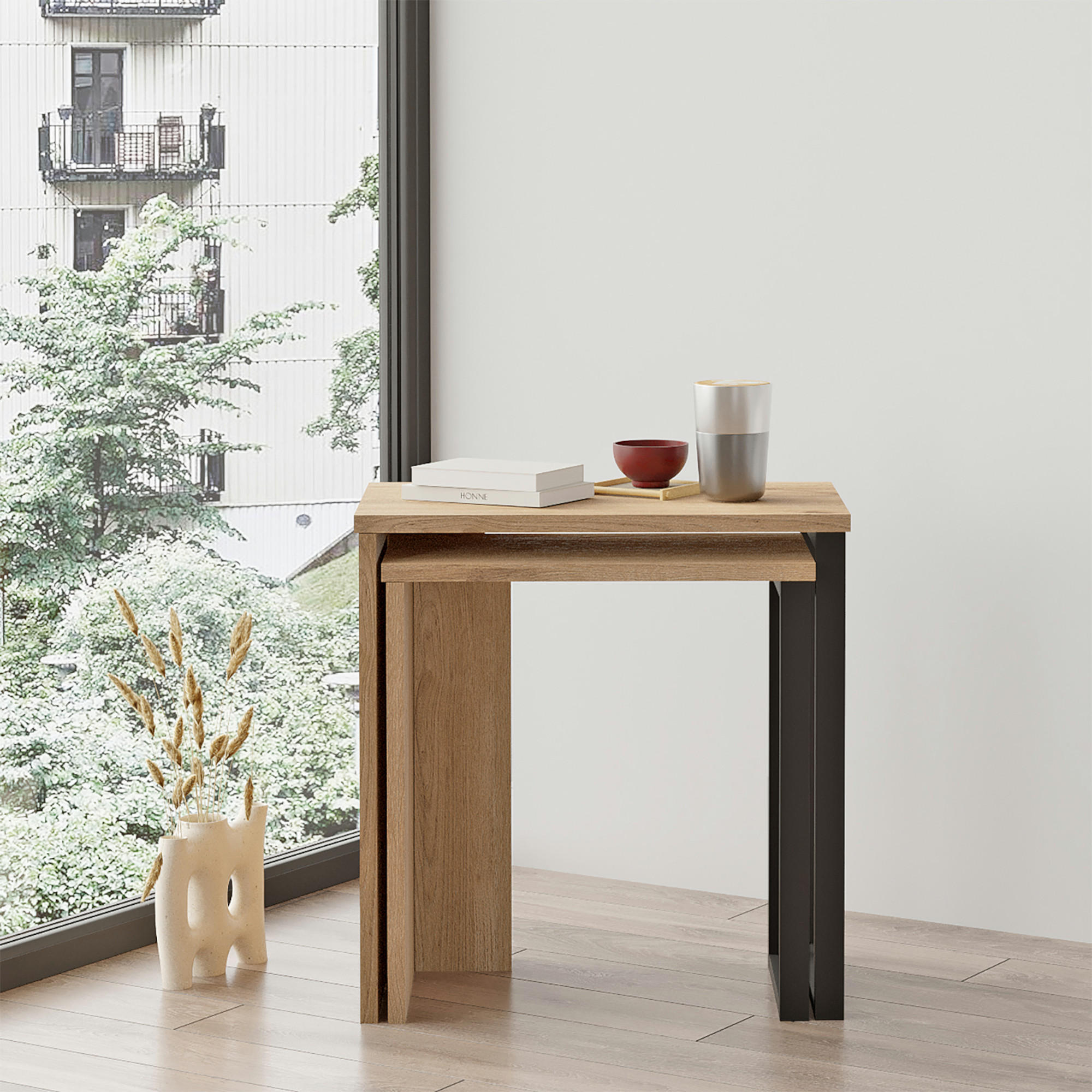 SATZTISCH-SET 2 TLG. Vesanto - Eichefarben/Schwarz, Holzwerkstoff/Metall (51/29.5/53cm) - [en.casa]