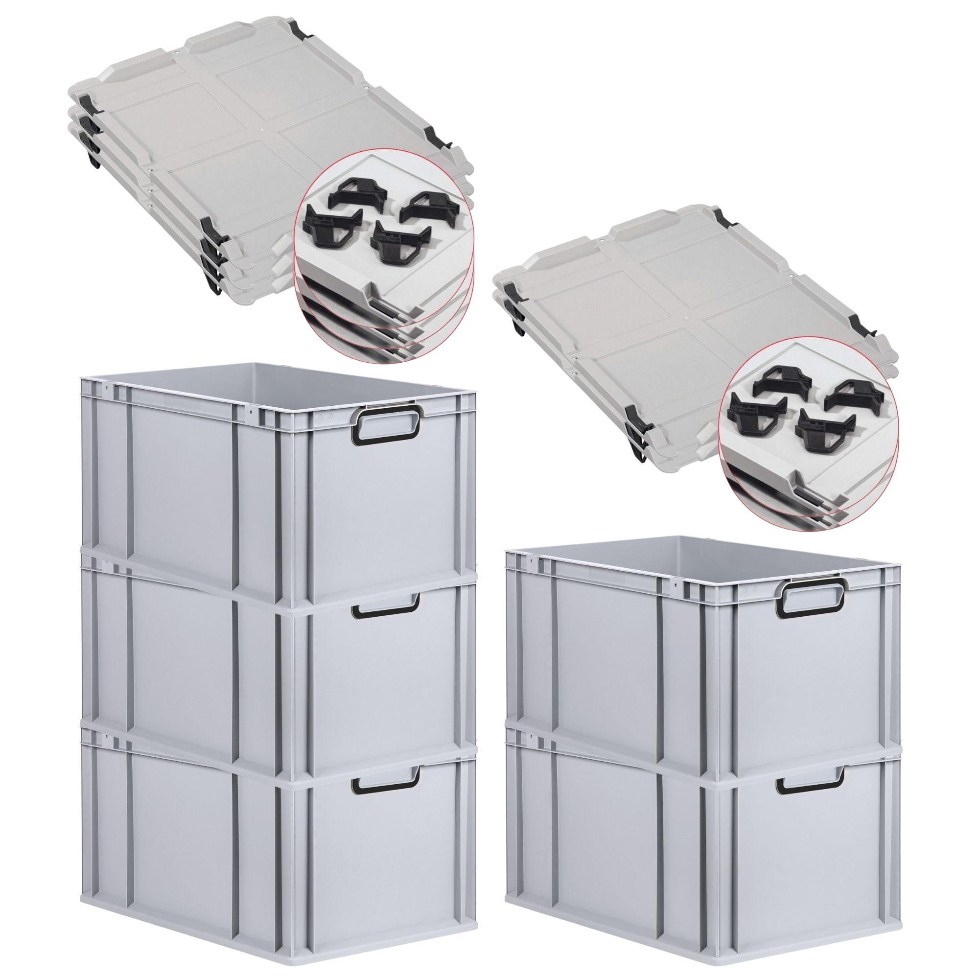 EUROBOX 5x NextGen Color mit Auflagedeckel 32x40x60 cm 65 Liter Grau Griffe schwarz zu - Schwarz/Grau, Kunststoff (40/32/60cm) - PROREGAL