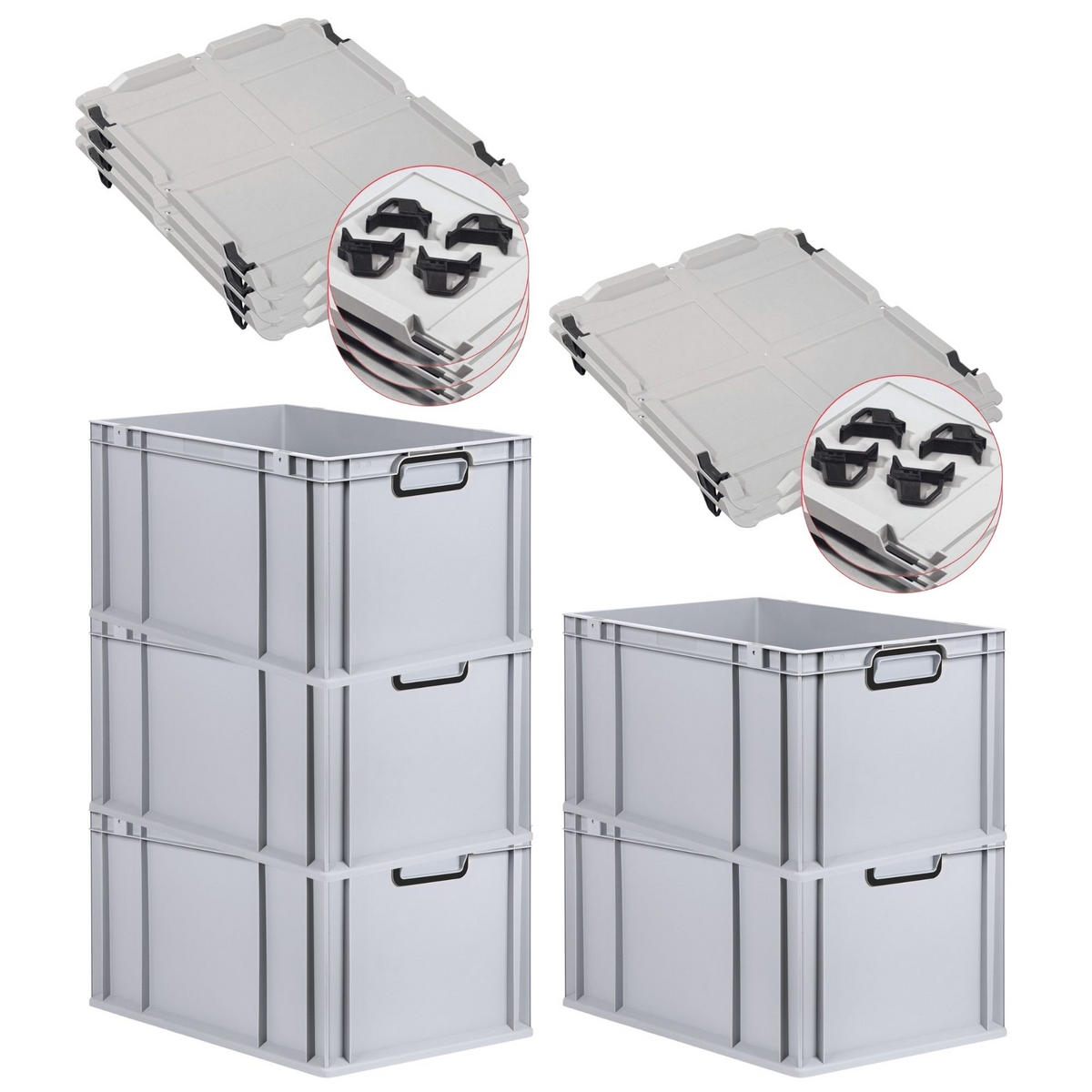 EUROBOX 5x NextGen Color mit Auflagedeckel 32x40x60 cm 65 Liter Grau Griffe schwarz zu - Schwarz/Grau, Kunststoff (40/32/60cm) - PROREGAL