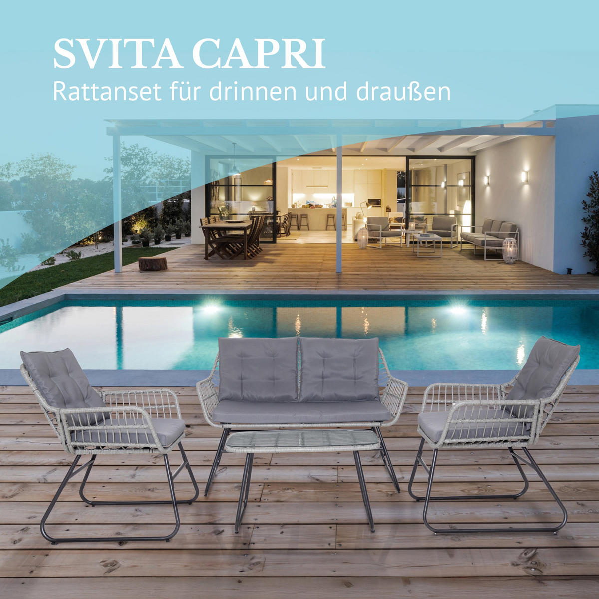 GARTENSET Capri Hellgrau - Dunkelgrau/Hellgrau, Kunststoff - SVITA