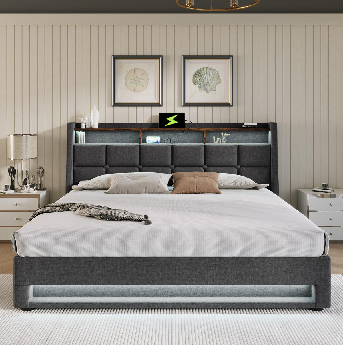ČALÚNENÁ posteľ 185/210/117 cm sivá, s LED osvetlením, USB a úložným priestorom - sivá, textil (180/200cm) - BEAOK