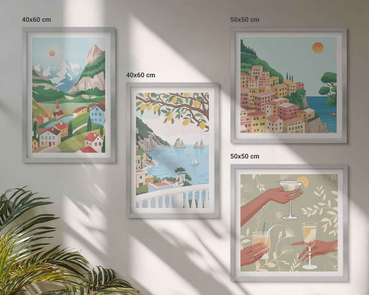 WANDBILDER 4er Set - 50x50 cm & 40x60 cm Silberner Rahmen - Pastellfarbene Küstenhäuser - Silberfarben, Kunststoff (50/50cm) - ArtPrintCave