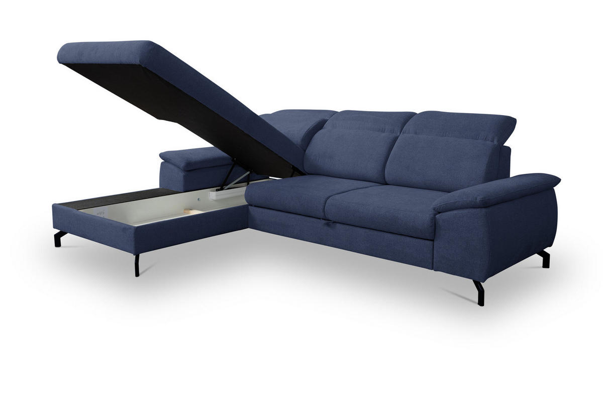 ECKSOFA MALIBU mit Schlaffunktion und Bettkasten, Farbe: Blau , Velourstoff, Ottomane Links - Blau, Textil (276/184cm) - VENASI MÖBEL