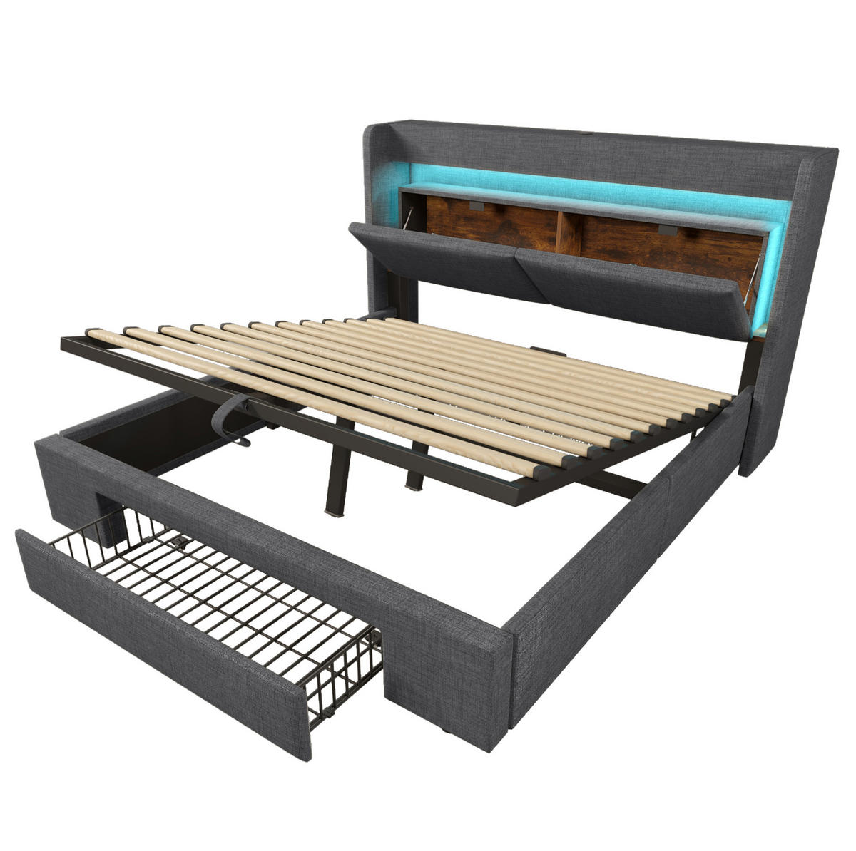 POLNJENA postelja iz lanu 160x200 cm siva s hidravličnim predalom, LED osvetlitvijo, USB in USB-C priključkom ter vzmetnico - siva, tekstil (160/200cm) - Modfu