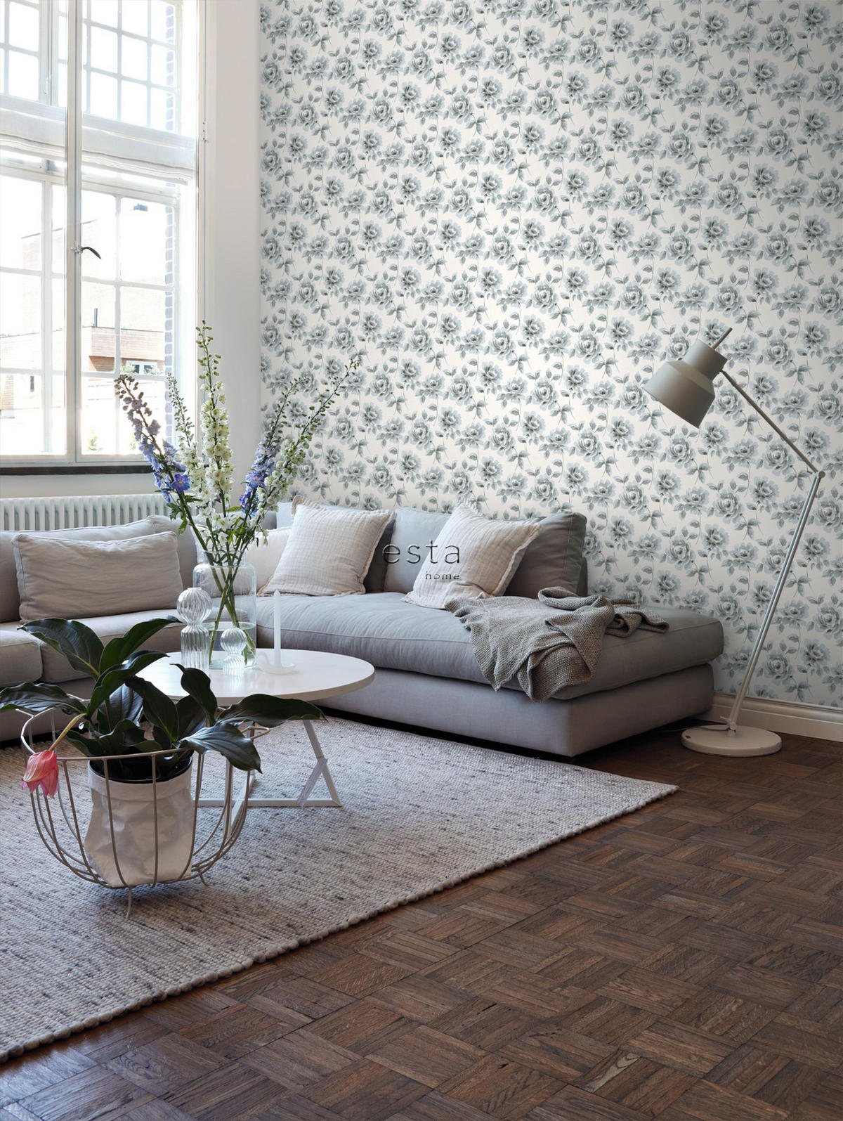 TAPETE Aquarell gemalte Rosen 53 cm x 10.05 m - Grau, Papier (53/1000cm) - ESTAhome