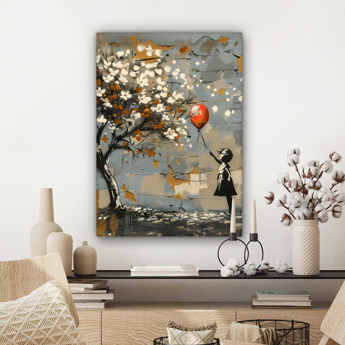 LEINWANDBILD Baum - Graffiti - Banksy-Stil - Ballon-Mädchen 60x80 cm - Blaugrau, Textil (60/80cm) - MuchoWow