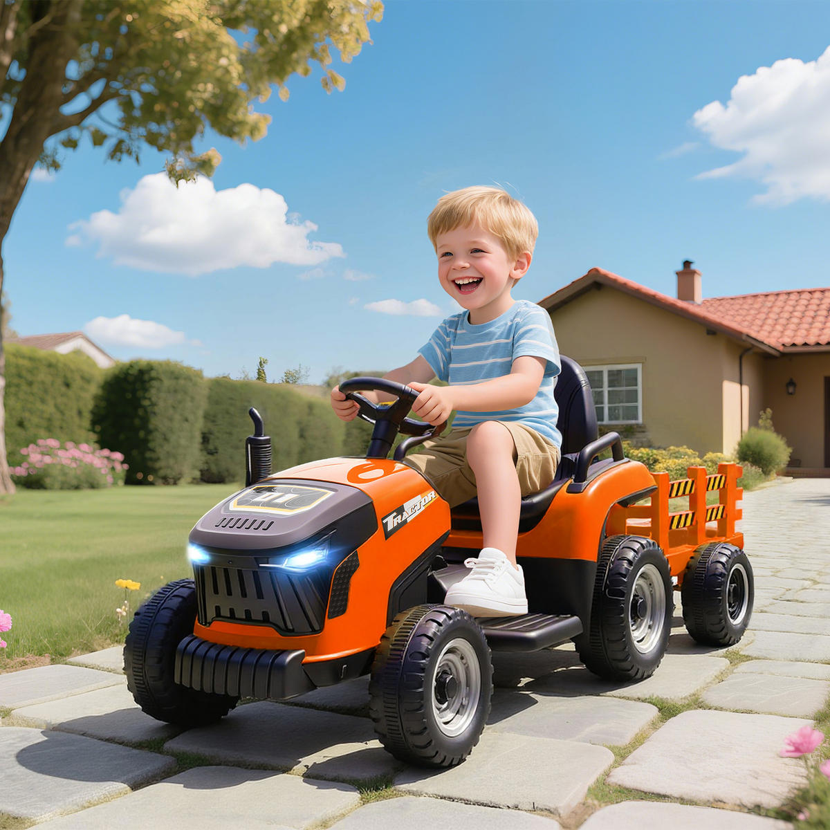 KINDER-ELEKTROAUTO 3-Gang mit Anhänger, 2 Motor, für 3-8 Jahre, Orange - Orange, Metall (139/58/55cm) - AIYAPLAY