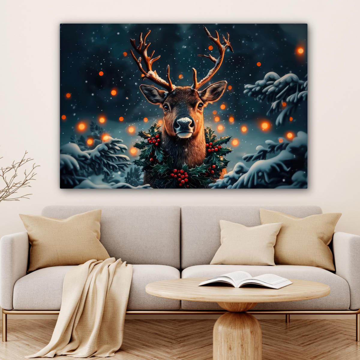 LEINWANDBILD Hirsch - Weihnachten - Winter - Schnee - Weihnachtskranz Groß 140x90 cm - Dunkelbraun, Textil (140/90cm) - MuchoWow