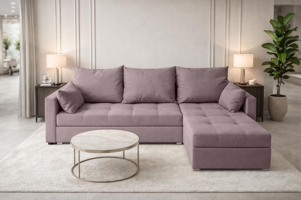 ECKSOFA Universelle L Form Elif Rosa 220/140/85 cm stilvolle mit Schlaffunktion - Silberfarben/Rosa, Kunststoff/Textil (220/140cm) - AX Living