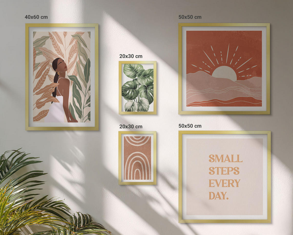 BILDER SET 5er Set - 50x50 cm & 20x30 cm & 40x60 cm Goldrahmen - abstrakte Formen im Boho-Stil - Goldfarben, Kunststoff (40/60cm) - TULUP