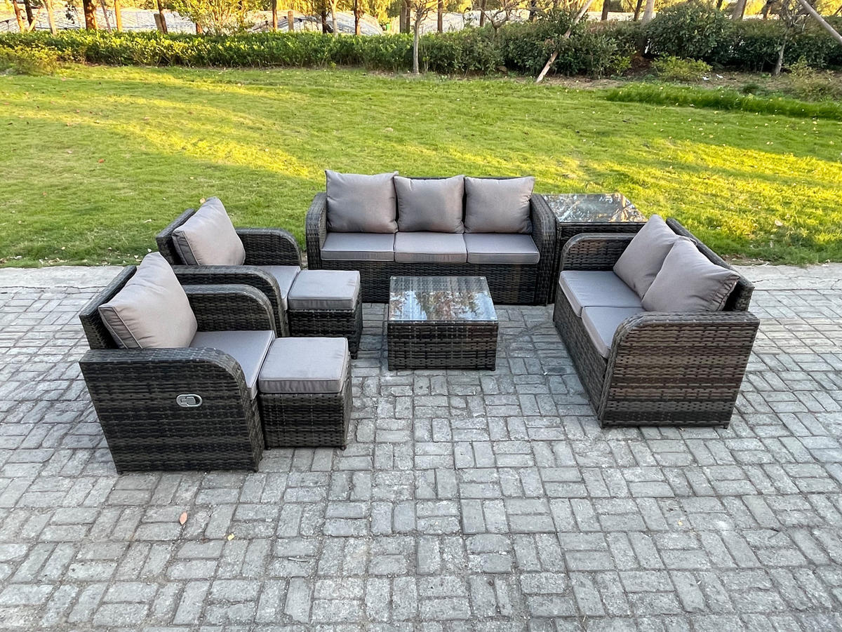 GARTENSOFA SET mit Couchtisch Polyrattan Dunkelgrau 8-teilige - Dunkelgrau/Grau, Glas/Kunststoff - Fimous