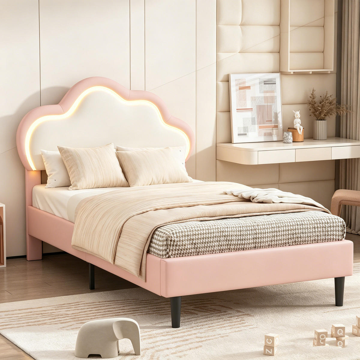 POLSTERBETT 90x200, einzelbett, Bettgestell 90 x 200 mit Kopfteil in Wolkenform, Lattenrost, LED, PU, rosa - Pink, Leder/Holz (90/200cm) - GENKI LIVING
