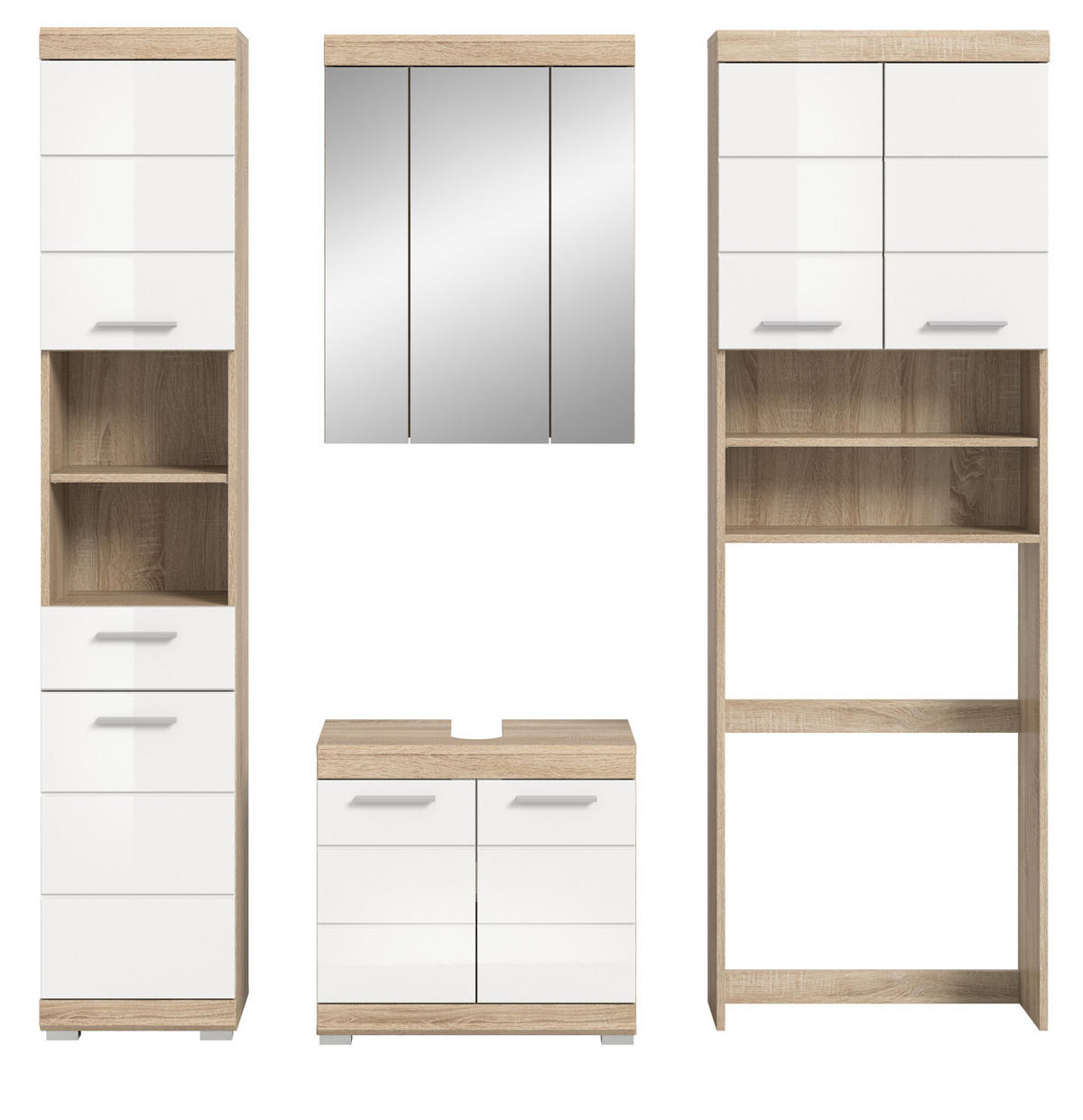 BADMÖBEL-SET weiß Hochglanz, Eiche 4-teilig 190 cm, viel Stauraum - Weiß Hochglanz/Eichefarben, Glas/Holzwerkstoff (190/191/34cm) - Inn.Furn