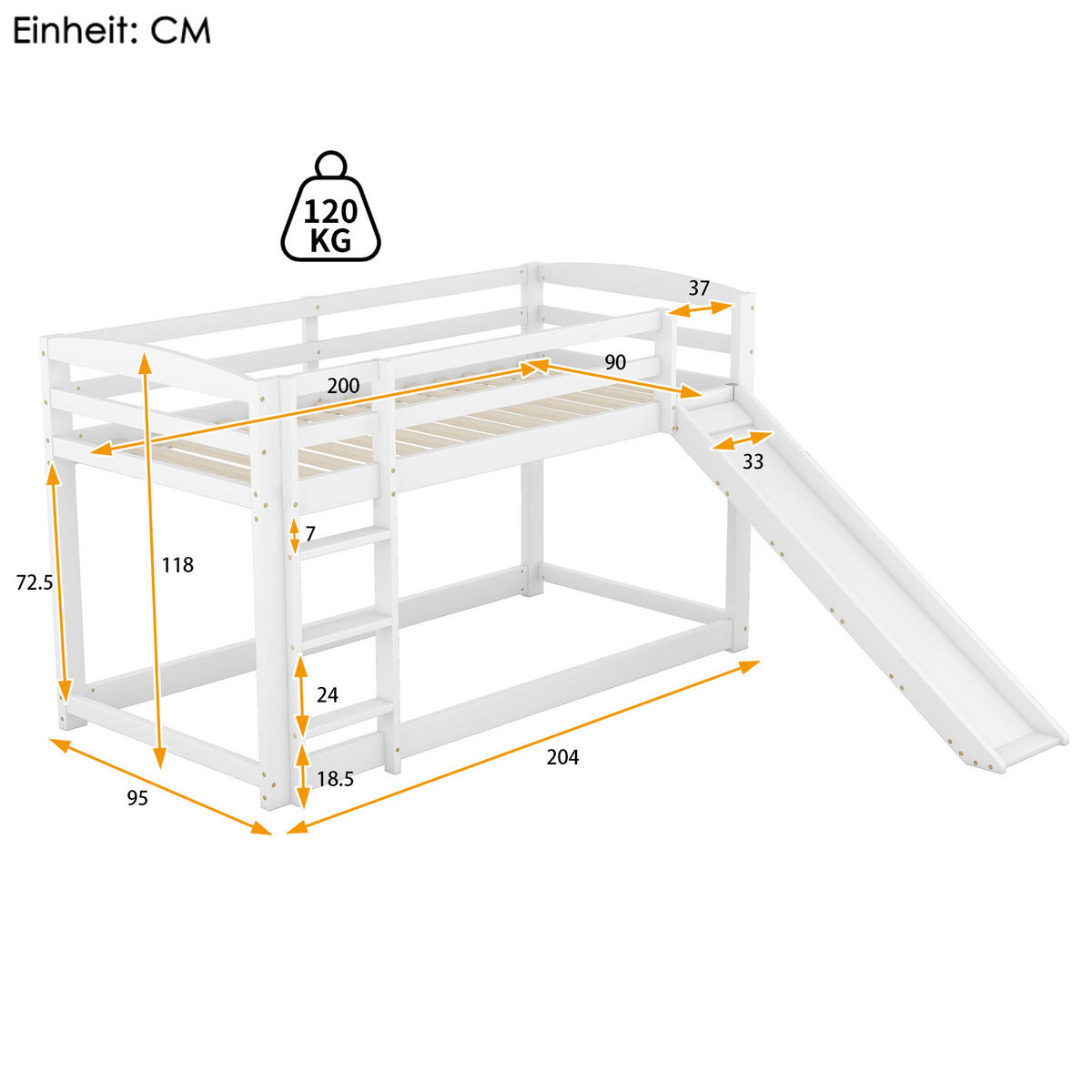ETAGENBETT 90x200cm Weiß für Kinder mit Rutsche Massivholz - Weiß, Holz (90/200cm) - FLIEKS