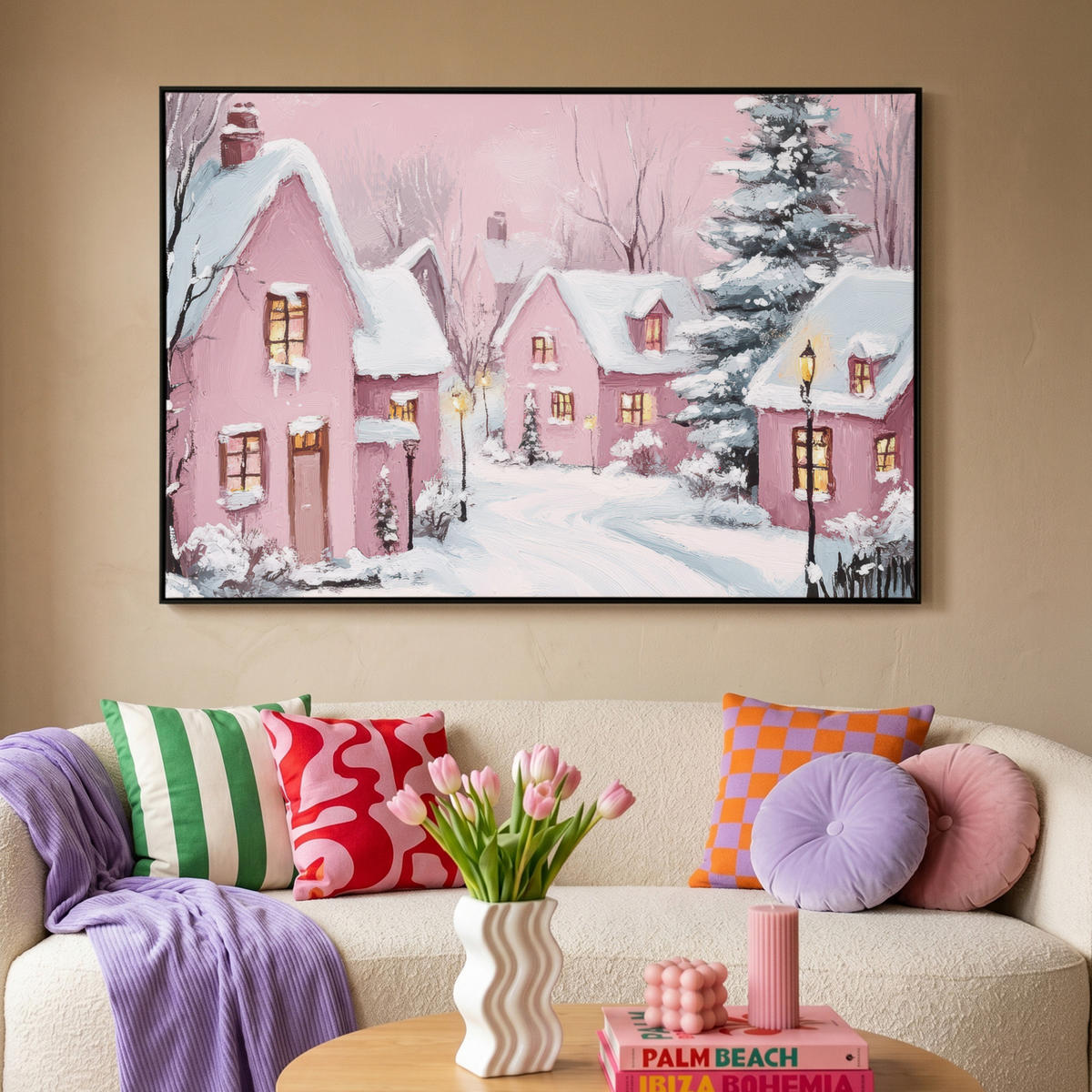 LEINWAND Bilder mit Rahmen - Weihnachtsdorf - Rosa - Winter - Schnee - Häuser - 120x80 - Altrosa, Textil (120/80cm) - MuchoWow