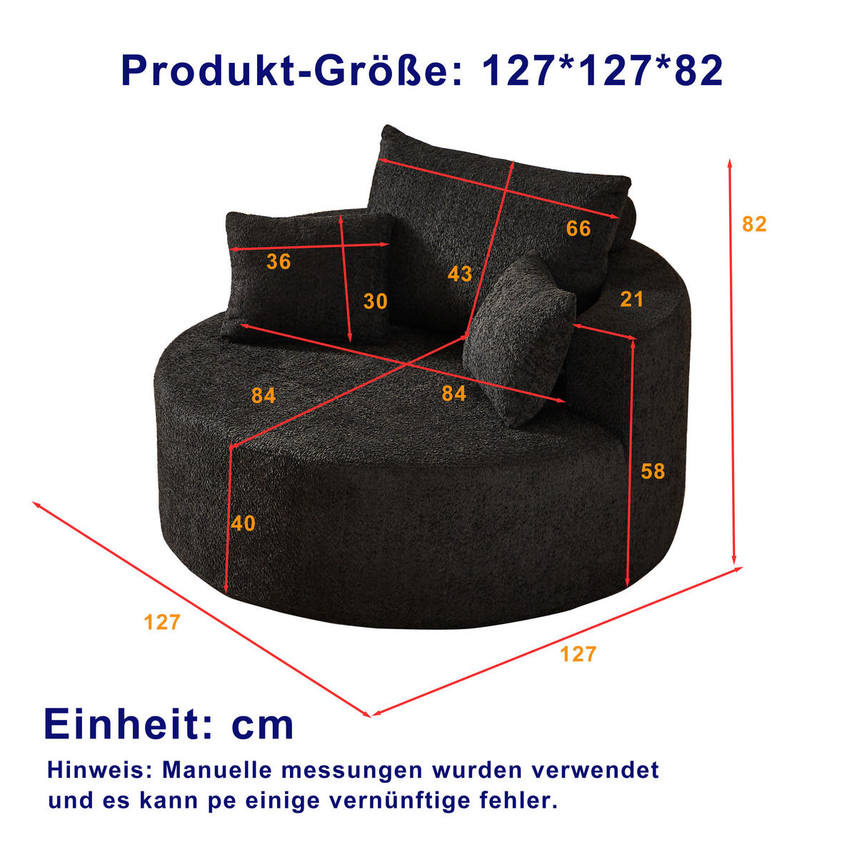 SESSEL DE-34509 Chenille-Stoff Schwarz - Schwarz, Textil (127/82/127cm) - ComfortXL