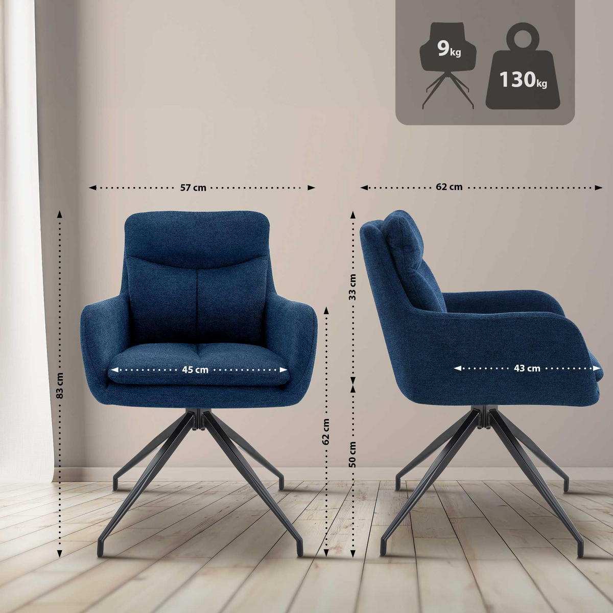 ESSZIMMERSTUHL 2er Set Stoff Blau - Blau, Textil/Metall (57/83/62cm) - CLP