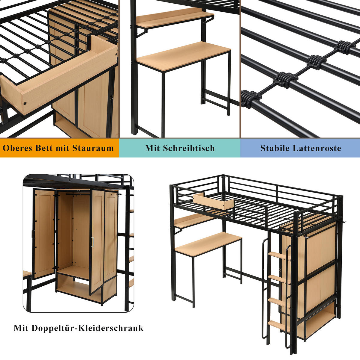 HOCHBETT 90/200 cm mit Kleiderschrank, Schreibtisch, Regal und Treppe mit Handläufen, Schwarz/Natur - Schwarz, Metall (90/200cm) - Redom