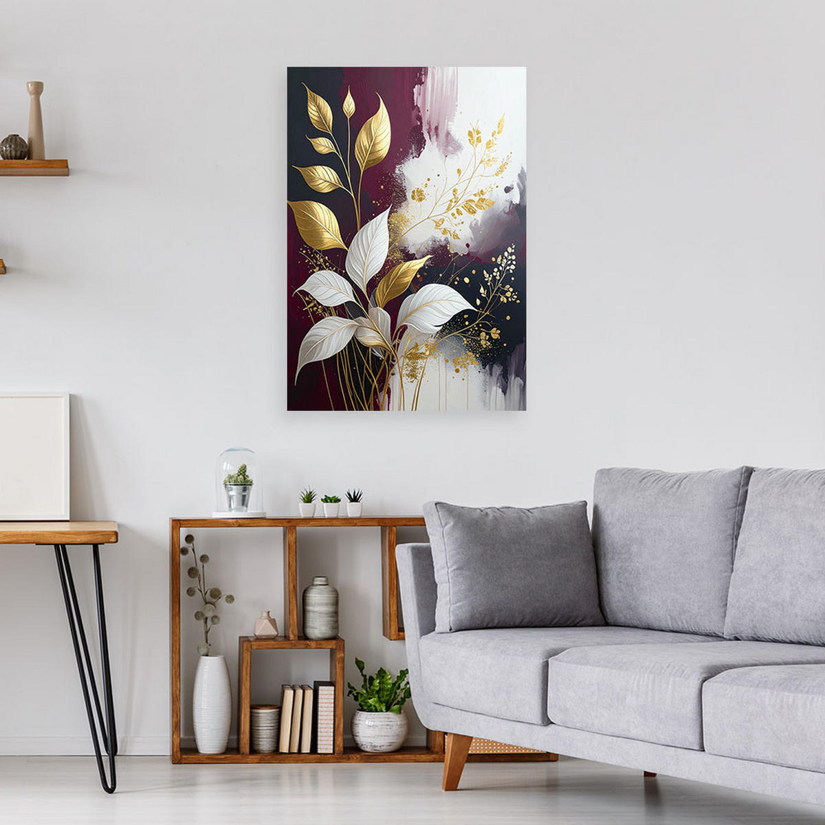 WANDBILD, Abstraktion: Pflanzenblätter in Bordeauxrot und Gold - Rot, Textil (70/100cm) - Feeby
