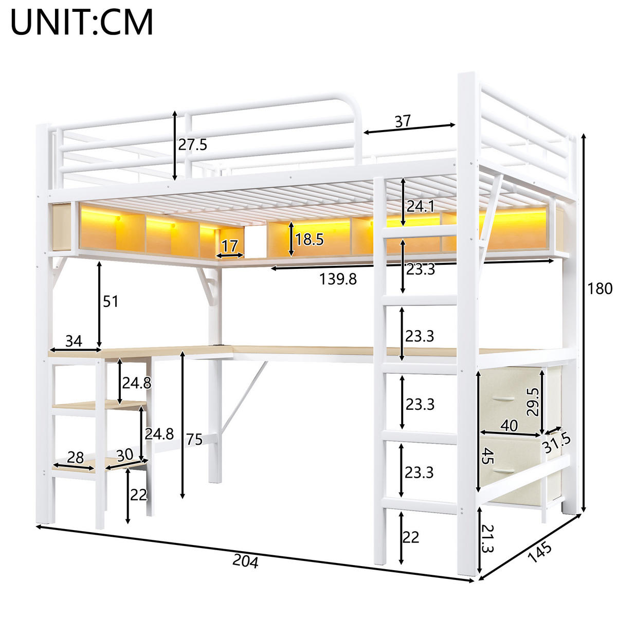 HOCHBETT aus Metall und MDF 140x200 cm Weiß mit Schreibtisch, Regal, Schrank, USB und LED-Beleuchtung - Weiß, Holzwerkstoff (140/200cm) - Modfu