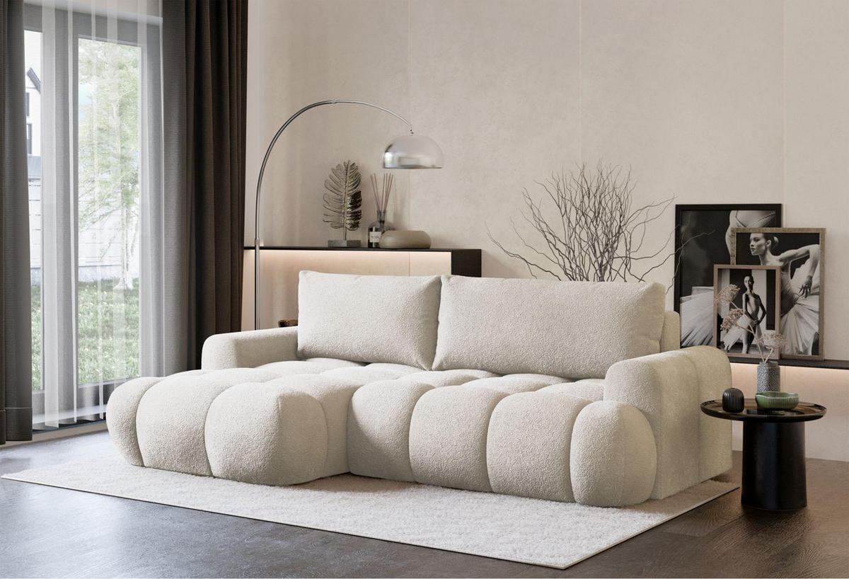 ECKSOFA Ombo Mini, Creme Bouclé, linksseitig - Creme/Schwarz, Kunststoff/Textil (256/155cm) - Selsey