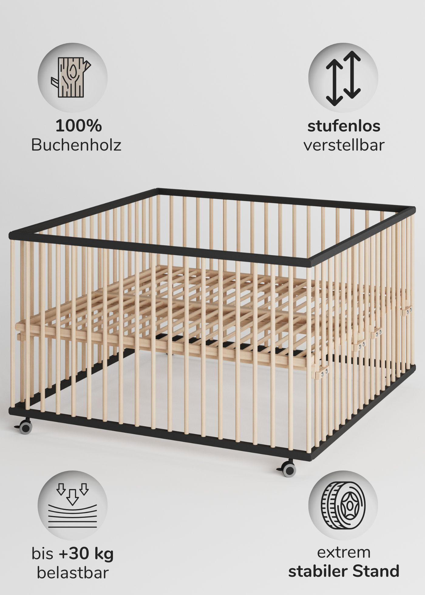 LAUFGITTER XXL 120x120 cm mit Matratze & Lattenrost - schwarz/natur - Premium Kollektion - Schwarz/Naturfarben, Holz (120/74/120cm) - Sämann – make a difference.