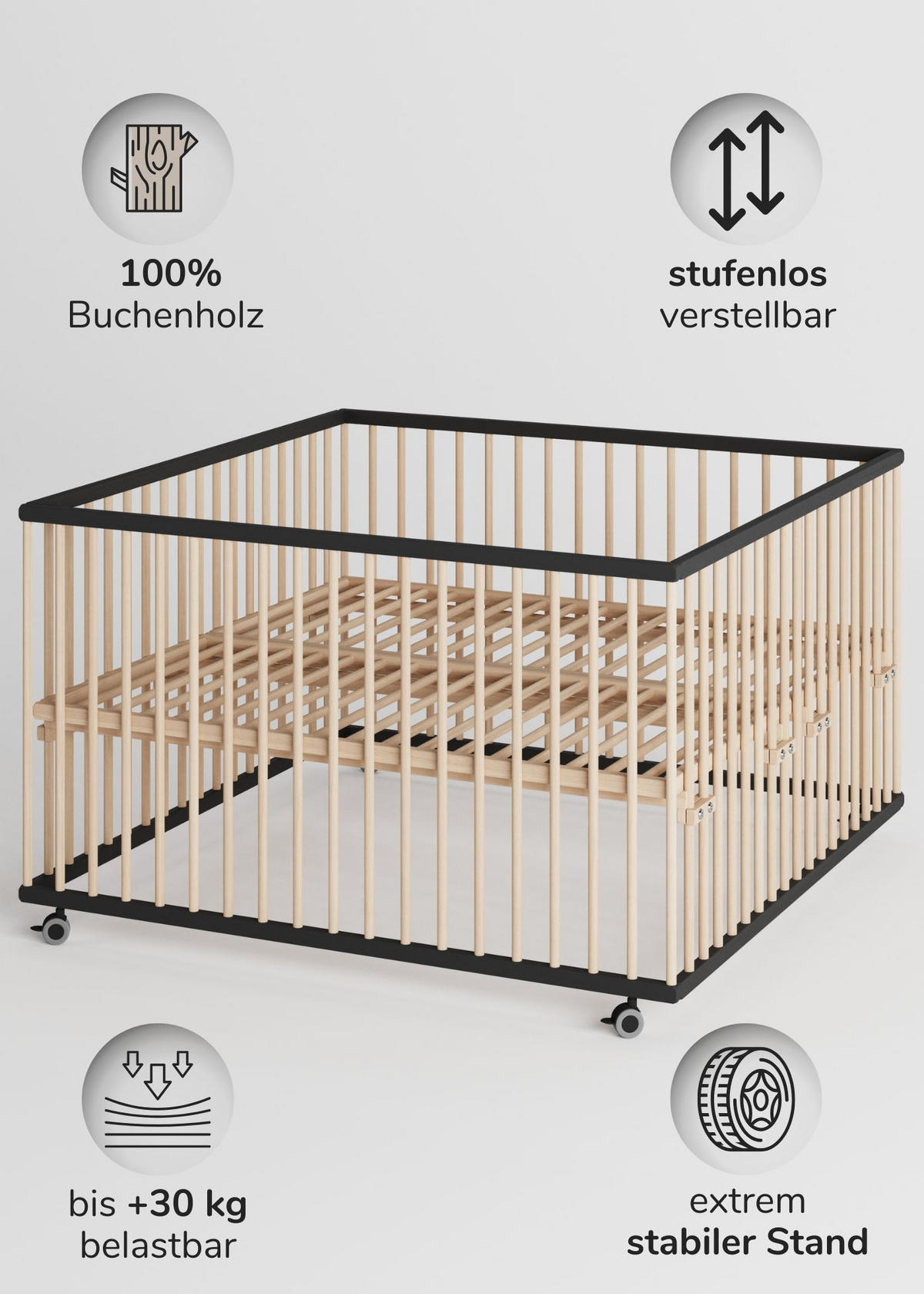 LAUFGITTER XXL 120x120 cm mit Lattenrost - schwarz/natur - Premium Kollektion - Schwarz/Naturfarben, Holz (120/74/120cm) - Sämann – make a difference.