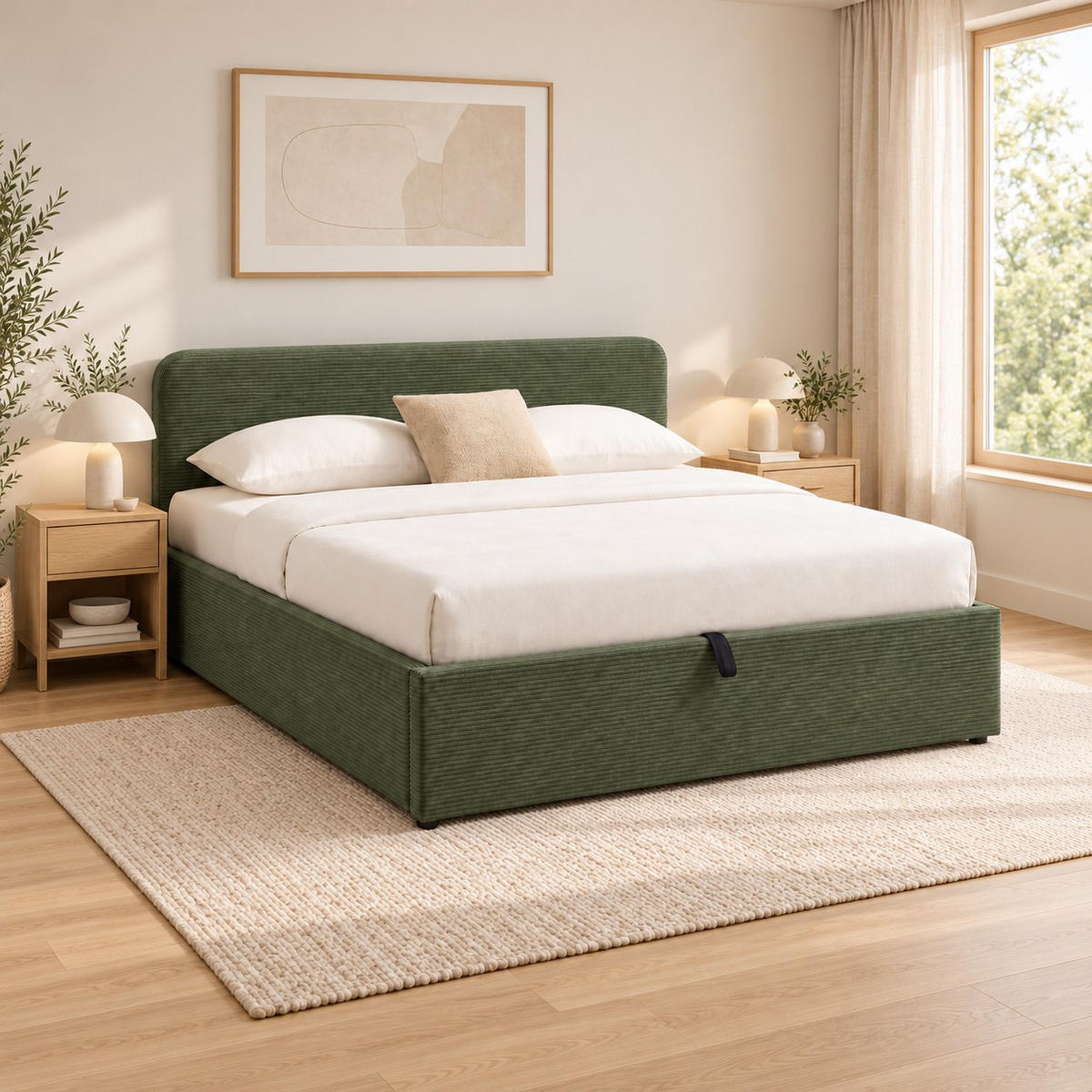 BETT mit Bettkasten 160 x 200 cm mit Kopfteil aus khakifarbenem Cord 170/88/215 cm - Grün, Holz (160/200cm) - Calicosy
